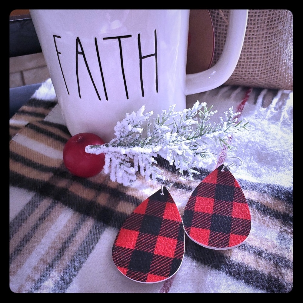 Red buffalo check vinyl faux leather earrings